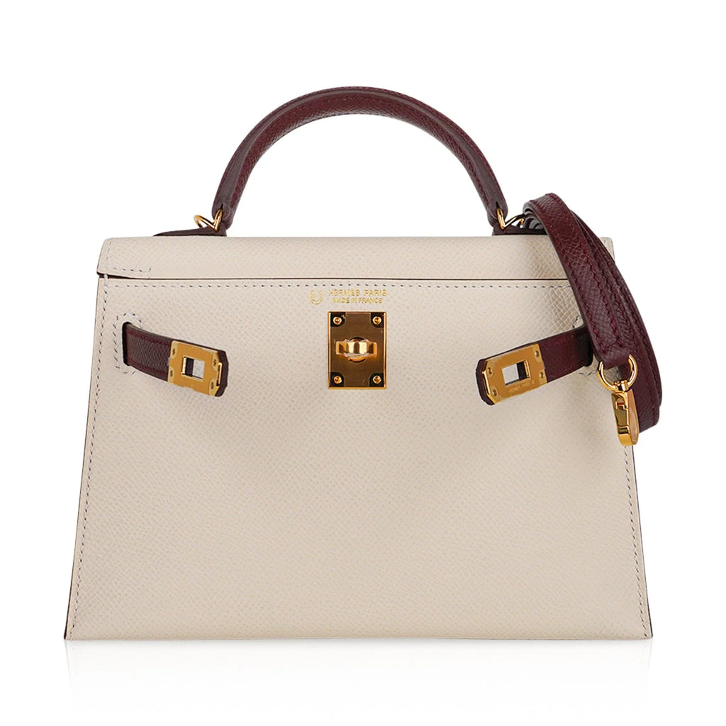 Special Order HSS Mini Kelly 20 Sellier Bag Nata & Bordeaux Epsom Leather with Gold Hardware