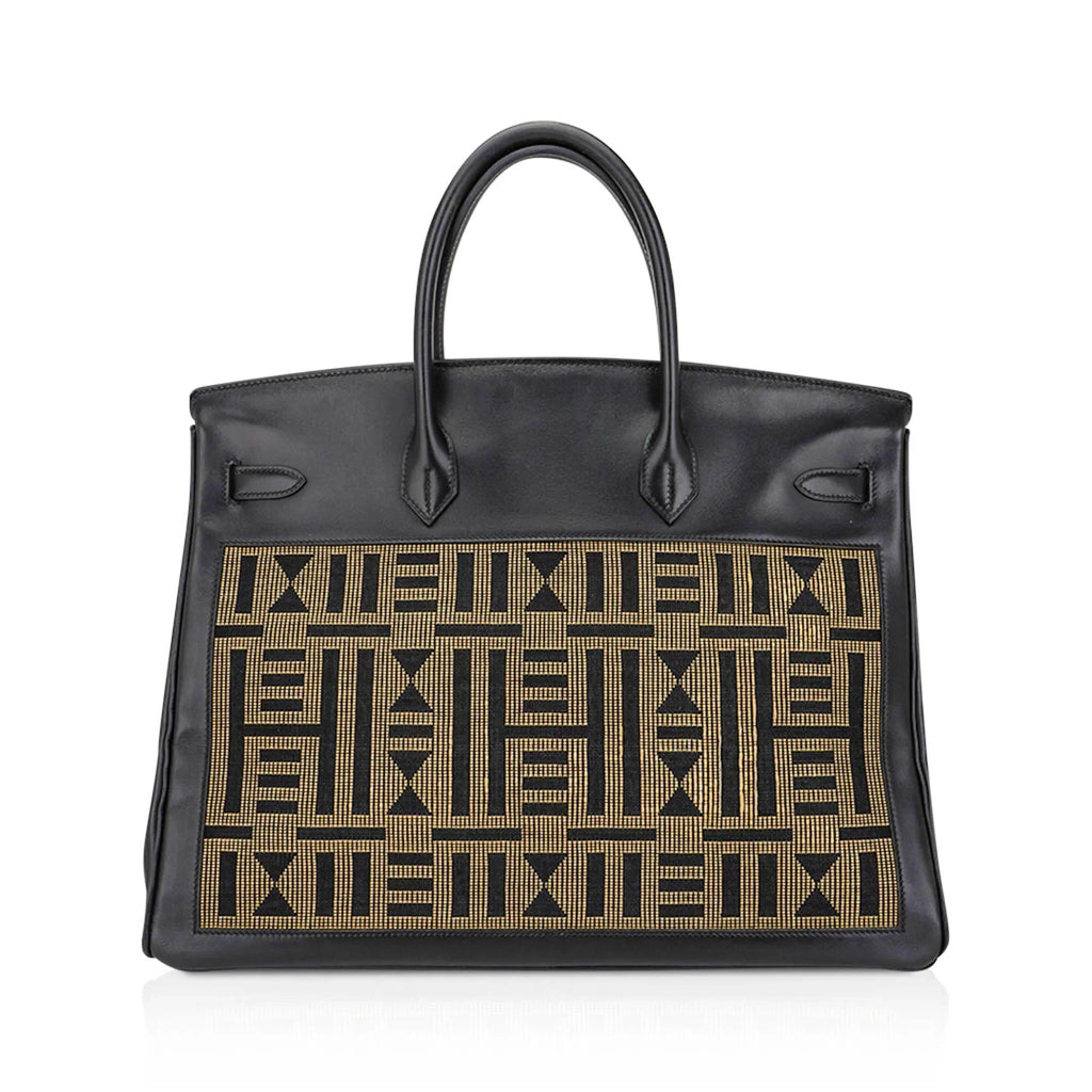 Limited Edition Vintage Horizons Birkin 40 Black Box Leather with Gold Embroidered Toile