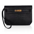 Kelly Depeches 25 Pouch Black Matte Alligator Gold Hardware New