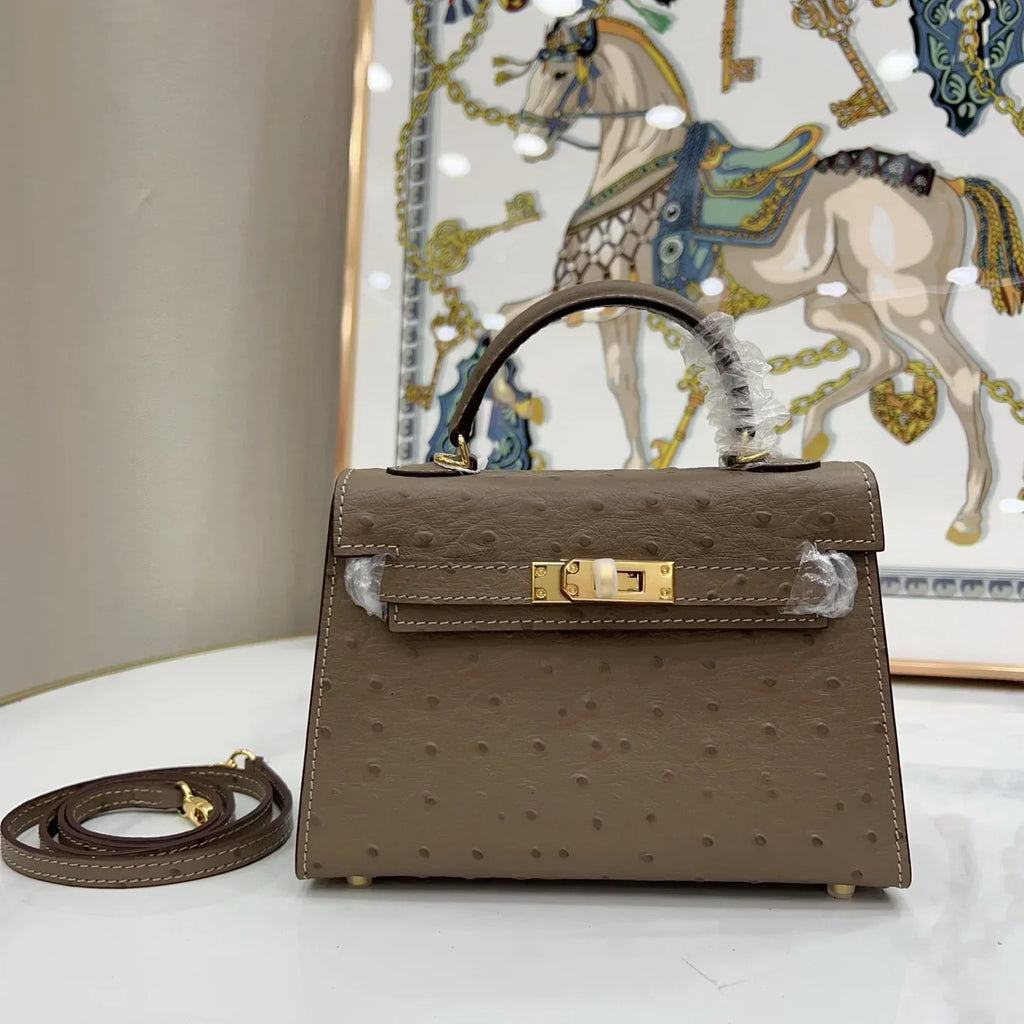 Kelly II Mini Gris Tourterelle Ostrich Gold Hardware