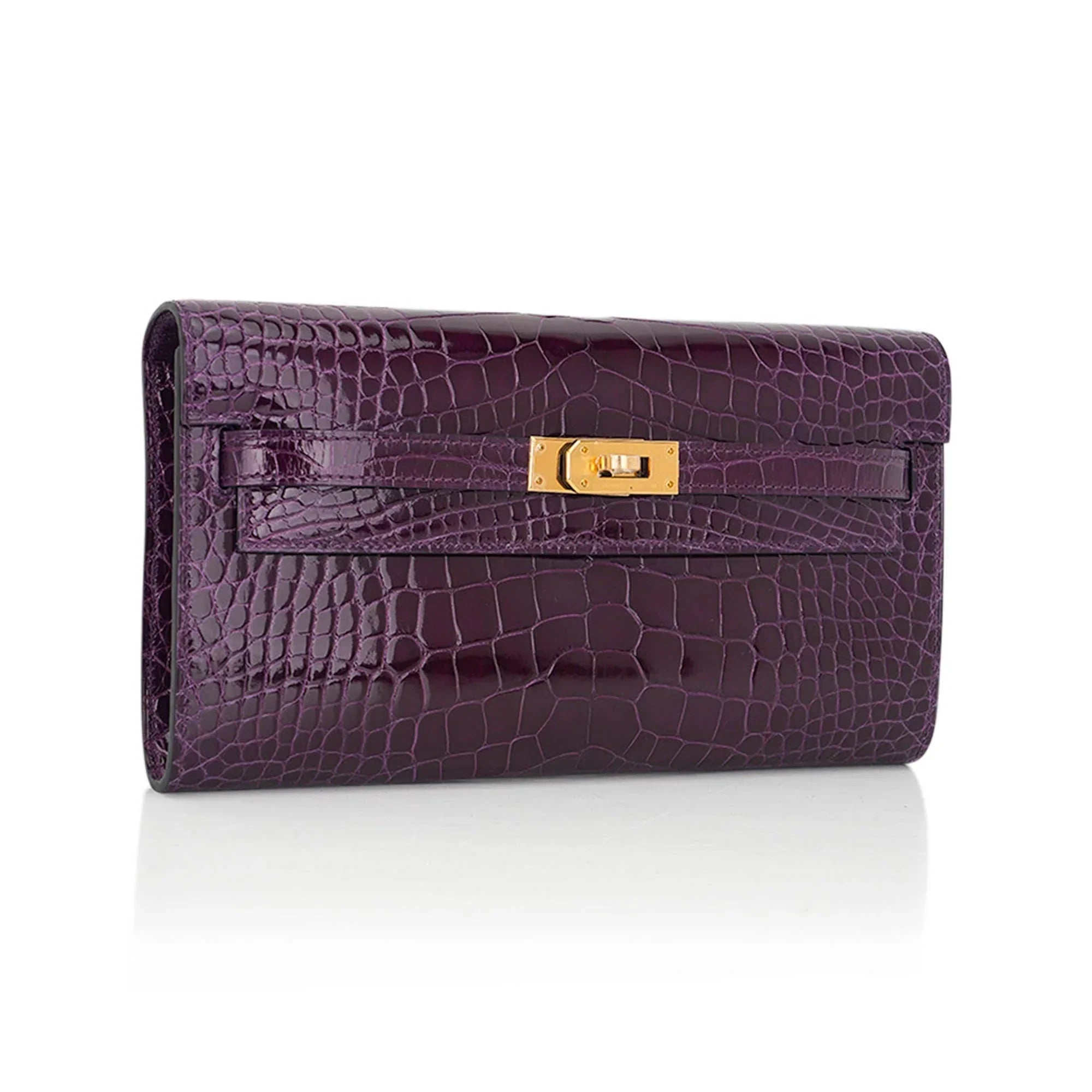 Kelly Classique To Go Wallet Cassis Alligator with Gold Hardware
