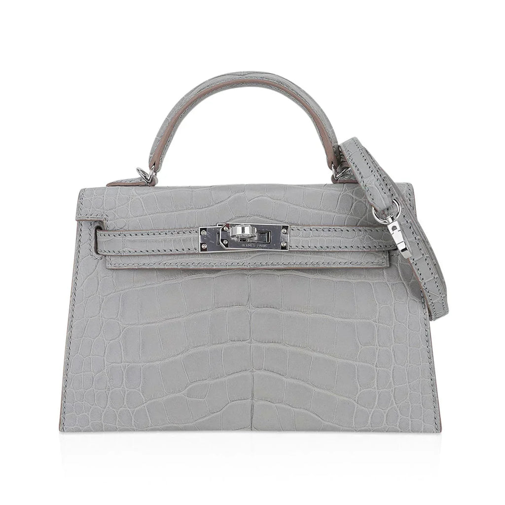 Limited Edition Mini Kelly 20 Sellier Matte Gris Perle Alligator Bag Palladium Hardware